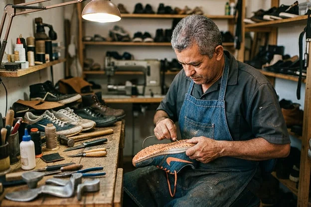 Sapateiro reparando tênis em Luís Eduardo Magalhães.
