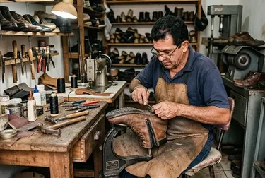 Sapateiro consertando zíper de bota em Luís Eduardo Magalhães.
