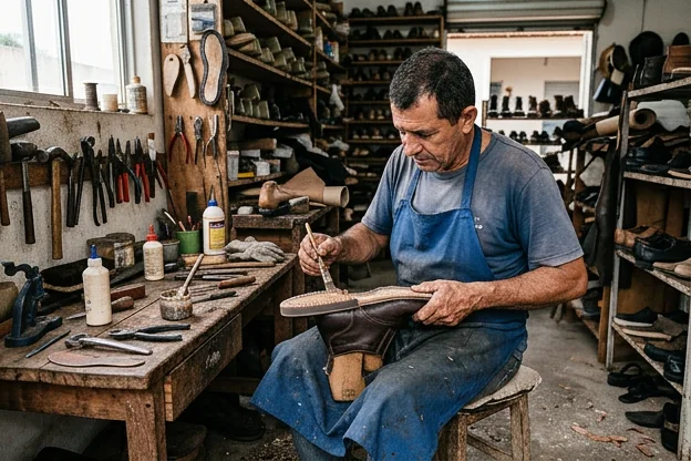 Sapateiro colando sola de sapato em Luís Eduardo Magalhães.