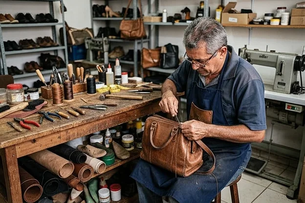 Sapateiro reformando bolsa de couro em Luís Eduardo Magalhães.