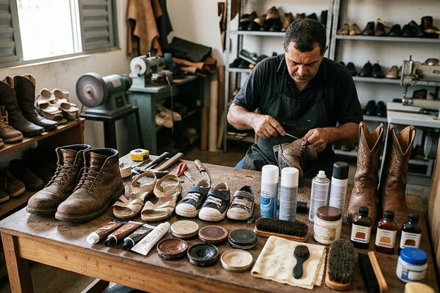 Calçados em Luís Eduardo Magalhães com produtos de limpeza e cuidados.