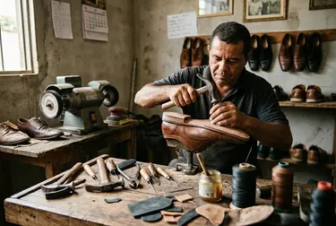 Sapateiro reformando um sapato social em Luís Eduardo Magalhães.